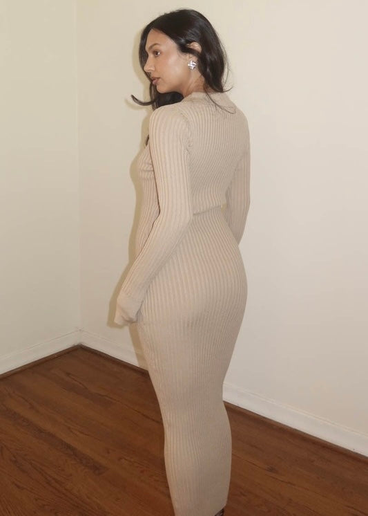 Trinity Rib Knitted Sweater Dress - LATTE