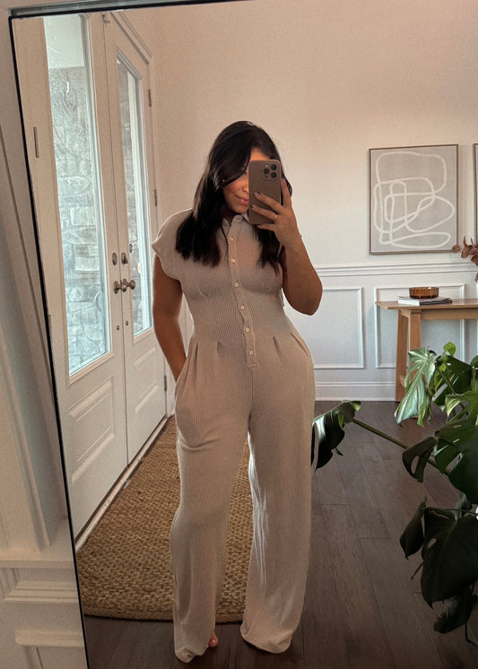 Enna Ribbed Cutout Jumpsuit - TAUPE