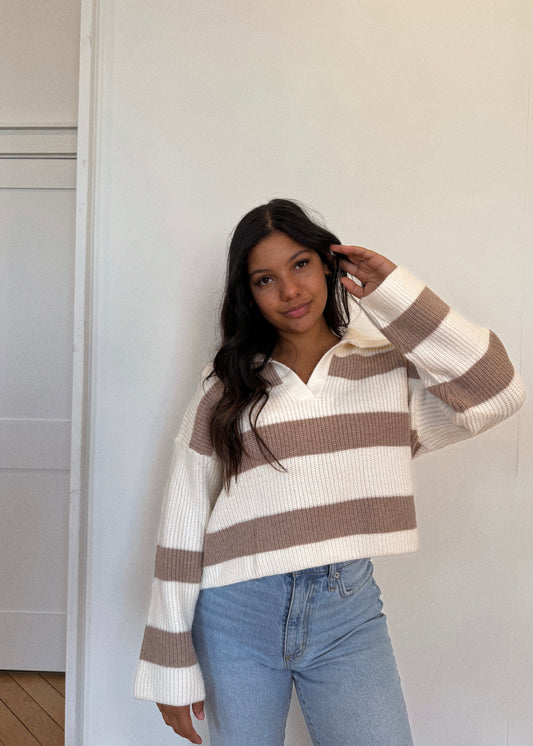 No. 08 Striped Wide Collar Sweater - TAUPE