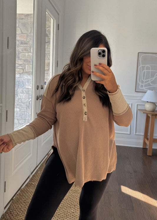 Wes Washed Thermal Henley Top - TAUPE