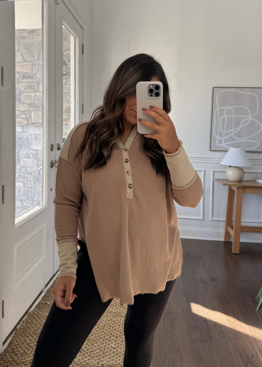 Wes Washed Thermal Henley Top - TAUPE